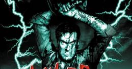 Evil Dead: Hail to the King game cover featuring Ash with a chainsaw, set against a haunted cabin and eerie lightning.