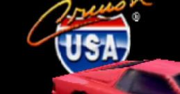 Logo of Cruis'n USA featuring a red sports car and the game's iconic press start prompt for a thrilling arcade experience.