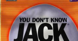 Cover art for "You Don't Know Jack" 2005 video game featuring a bald head and intense blue eyes, vibrant quiz show theme.