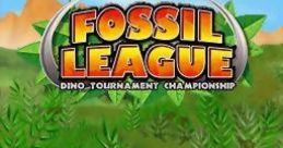 Fossil League: Dino Tournament Championship title screen with vibrant greenery and 'PUSH START' prompt for gamers.