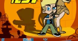 Johnny Test video game screen featuring Johnny and his dog with interactive options: Play, Options, and Credits.