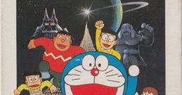 Doraemon and friends in a classic adventure for the Hudson Soft video game, featuring a vibrant retro design.