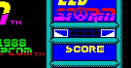 L.E.D. Storm gameplay screen showing score, time, energy, and distance metrics on ZX Spectrum 128. Retro gaming classic.