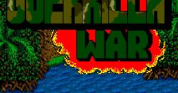 Title screen of Guerrilla War (SNK) featuring a boat on water, jungle backdrop, and vibrant graphics from 1987 arcade game.