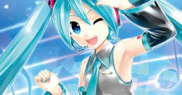 Hatsune Miku winks playfully, showcasing vibrant art from Project DIVA X video game, surrounded by musical notes and colors.