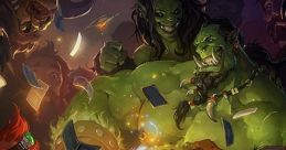 Orc and dwarf characters enjoy a card game in a vibrant Hearthstone scene, surrounded by enchanted game elements.