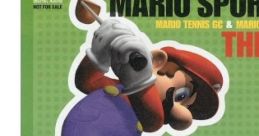 Mario holding a tennis racket for Mario Sports CD featuring Mario Tennis GC and Mario Golf Family Tour.