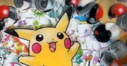 Pikachu joyfully surrounded by Poké Balls, celebrating “Minna de Eranda” Pokémon songs and card collections.