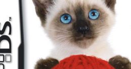 Siamese kitten with blue eyes playing with red yarn, promoting the Petz Catz Clan video game on Nintendo DS.