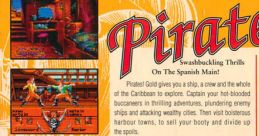 Cover art for "Pirates! Gold" showcasing gameplay, adventure, and treasure hunting in the Caribbean on Amiga CD32.