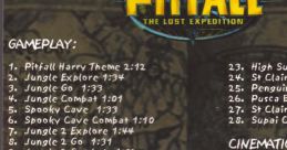 Original soundtrack listing for "Pitfall: The Lost Expedition," featuring gameplay themes and cinematic scores.