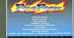 Rave Racer arcade game showcasing red race car with polygon graphics and exciting features like competitive play and time trials.