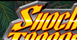 Logo of Shock Troopers ショックトルーパーズ video game, set against a lush jungle background.