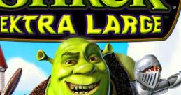 Shrek and friends in Shrek Extra Large video game, showcasing adventurous and humorous characters in a vibrant setting.