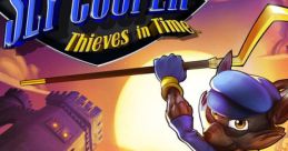 Sly Cooper swinging with his cane against a vibrant sunset, promoting the Thieves in Time original soundtrack.