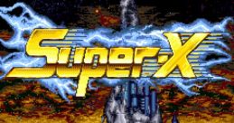 Title screen of Super-X (Mitchell Version) video game featuring a futuristic landscape and dramatic colors.