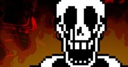 Papyrus from Undertale with fiery background, portraying the theme "Papyrus Has Gone Too Far" in a pixel art style.