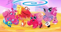 Colorful characters from the Xia-Xia video game, featuring playful sea creatures and a playful interface. Touch to begin!