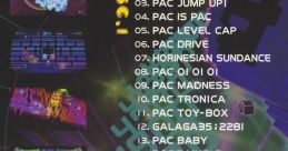 PAC-MAN Championship Edition soundtrack tracklist showcasing music titles from discs, including iconic themes and game vibes.