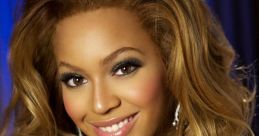 Beyoncé smiling brightly with glamorous hair and makeup, wearing a stylish white coat on a vibrant blue background.