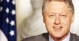 Bill Clinton smiling, wearing a gray suit and patterned tie, with an American flag in the background, showcasing presidential poise.