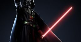 Darth Vader in a dramatic pose wielding a red lightsaber, showcasing his iconic black armor and cape against a dark background.