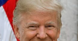 Donald Trump smiles in front of an American flag, showcasing his signature hairstyle and formal attire.