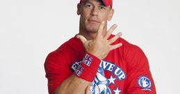 John Cena posing in a red "Never Give Up" shirt and matching accessories, showcasing his iconic wrestling persona.