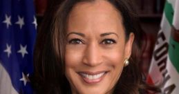 Kamala Harris smiling in a formal attire with pearls, U.S. flag in the background, representing leadership and progress.