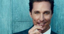 Matthew McConaughey in a stylish suit, smiling with a toothpick, exuding charm and charisma against a textured backdrop.