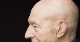 Profile portrait of Patrick Stewart showcasing his distinguished features and sophisticated style against a dark background.