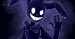 Spooky cartoon character Bonnie waving, with glowing eyes and a big smile, set against a dark, atmospheric background.