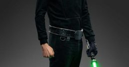 Luke Skywalker in dark attire holding a glowing green lightsaber, exuding a powerful Jedi presence.