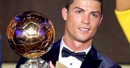 Cristiano Ronaldo proudly holds the Ballon d'Or trophy, showcasing his achievement in football excellence and skill.