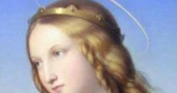 Portrait of Saint Agnese with a halo, golden crown, and green accents, symbolizing purity and faith in Christian art.