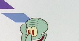 Squidward Tentacles smiles while holding a clarinet and interacting with colorful shapes in a whimsical setting.