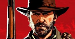 Arthur Morgan, iconic outlaw from Red Dead Redemption, holding a rifle, exuding rugged charisma against a red backdrop.