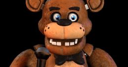 Freddy Fazbear, iconic animatronic character, holding a microphone with a playful expression and worn-out features.