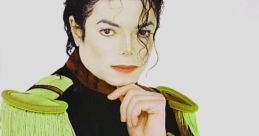 Michael Jackson in a dramatic pose, wearing a stylish military-inspired outfit with vibrant green accents.