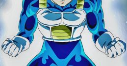 Vegeta in his iconic blue armor, showcasing intensity and power, ready for battle in a dynamic pose.