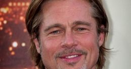 Brad Pitt smiles confidently, showcasing his signature style with tousled hair and a sleek outfit at a red carpet event.