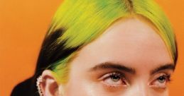 Billie Eilish showcases her signature green hair and edgy style against a vibrant orange background, capturing her unique aesthetic.