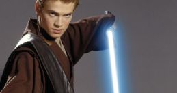 Anakin Skywalker wielding glowing blue and green lightsabers, showcasing his legendary Jedi skills and intense focus.