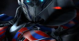 Close-up of Optimus Prime with a metallic blue and red armor, glowing blue eyes, and a dramatic dark background.