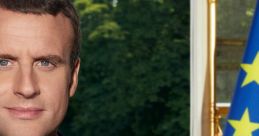 Emmanuel Macron poses confidently with the European flag, symbolizing leadership and unity in Europe.