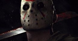 Jason Voorhees wears a signature hockey mask, wielding a bloody weapon in a dark, menacing atmosphere.