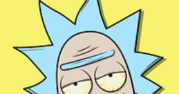 Rick Sanchez with spiky blue hair and a lab coat, displaying his signature smirk and green drool against a yellow background.