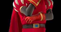 Lord Farquaad poses confidently in his iconic red outfit, complete with a flowing cape and signature accessories.