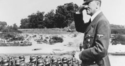 Hitler salutes soldiers during a military review, showcasing Nazi uniforms and the era's military discipline.