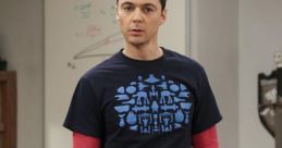 Sheldon Cooper stands in a living room, wearing a blue graphic tee and gray pants, showcasing his quirky personality.